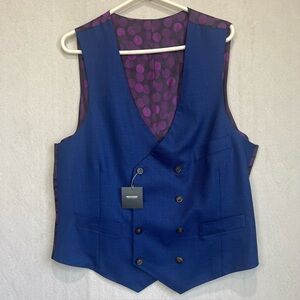 NWT Indochino 100% Wool Vest Blue Front Purple Circles on Back Sz 44